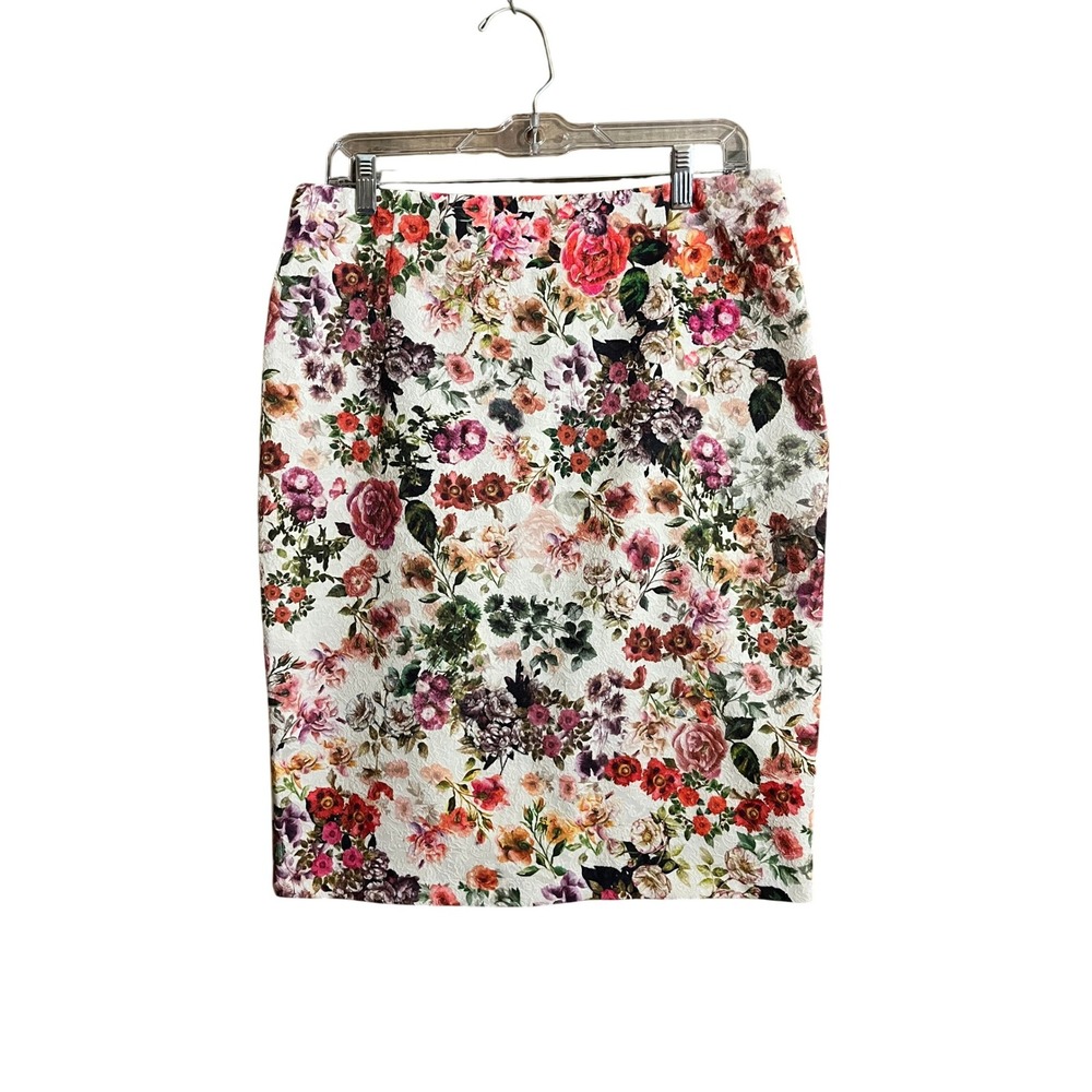 Koton Floral Pencil Skirt Ivory Multi Textured Jacquard‎ Knee Length Size 14/42